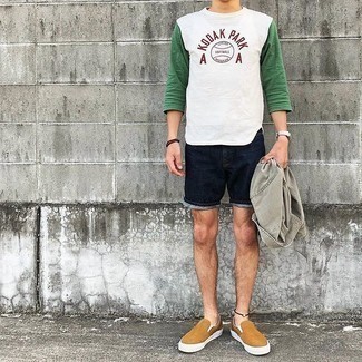 Men's Tan Canvas Slip-on Sneakers, Navy Denim Shorts, White Print Long Sleeve T-Shirt, Grey Long Sleeve Shirt