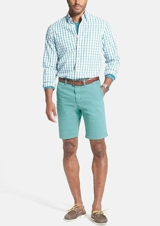 Mint Check Long Sleeve Shirt Outfits For Men: 