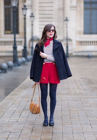 Women's Navy Leather Loafers, Red Shorts, White and Navy Horizontal Striped Long Sleeve T-shirt, Navy Pea Coat