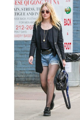 Dakota Fanning wearing Black Suede Oxford Shoes, Blue Denim Shorts, Black Short Sleeve Blouse, Black Blazer