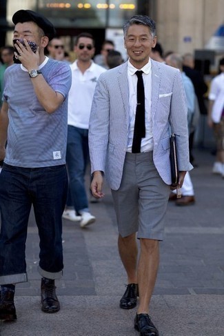 Men's Black Leather Derby Shoes, Grey Shorts, White Short Sleeve Shirt, White and Navy Vertical Striped Blazer