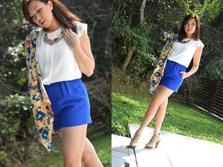 Women's Beige Suede Lace-up Ankle Boots, Blue Shorts, White Silk Sleeveless Top, Blue Floral Kimono
