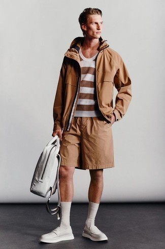 Men's White Leather Loafers, Tan Shorts, Brown Horizontal Striped Sweater Vest, Tan Windbreaker