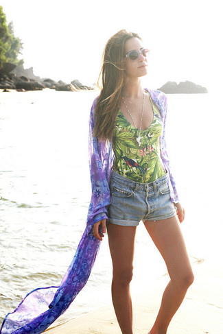 Women's Brown Sunglasses, Light Blue Denim Shorts, Green Print Swimsuit, Light Violet Floral Lace Kimono