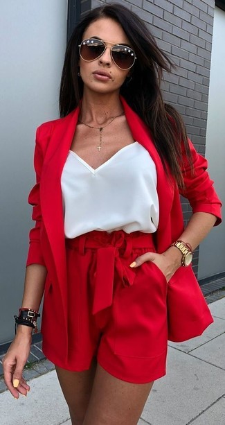 Women's Dark Brown Sunglasses, Red Shorts, White Silk Tank, Red Blazer