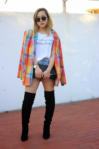 Women's Black Suede Over The Knee Boots, Light Blue Denim Shorts, White and Black Print Tank, Multi colored Plaid Blazer