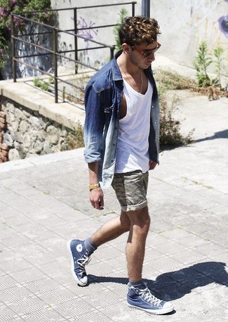 Navy High Top Sneakers Outfits For Men: 