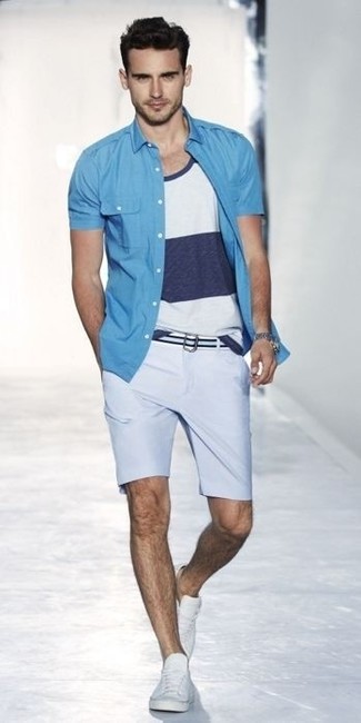 Navy and White Horizontal Striped Canvas Belt Outfits For Men: 