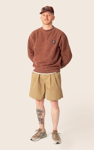 Men's Tan Athletic Shoes, Tan Shorts, White Tank, Brown Fleece Sweatshirt