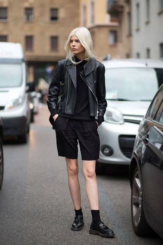 Women's Black Leather Tassel Loafers, Black Shorts, Black Turtleneck, Black Leather Biker Jacket