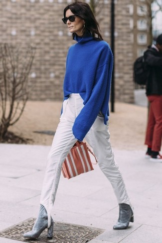 Women's Red Leather Tote Bag, Silver Leather Ankle Boots, White Tapered Pants, Blue Turtleneck