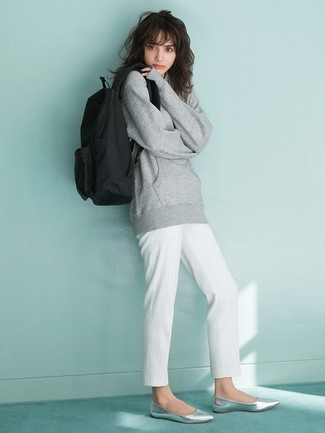 Women's Black Canvas Backpack, Silver Leather Ballerina Shoes, White Vertical Striped Tapered Pants, Grey Sweatshirt