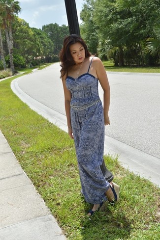White and Navy Print Jumpsuit Outfits: 
