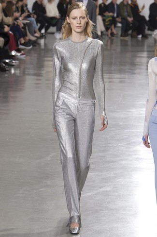 Women's Silver Crew-neck Sweater, Silver Dress Pants, Silver Leather Pumps
