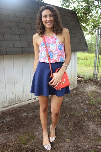Women's Red Leather Crossbody Bag, Silver Leather Flat Sandals, Blue Skater Skirt, Hot Pink Floral Tank
