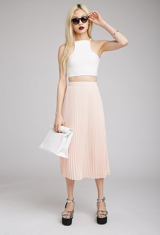 Women's White Leather Clutch, Silver Chunky Leather Heeled Sandals, Pink Pleated Midi Skirt, White Cropped Top