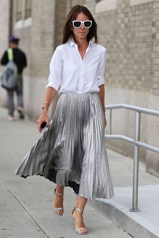 Women's Black and White Sunglasses, Silver Leather Heeled Sandals, Silver Pleated Midi Skirt, White Dress Shirt