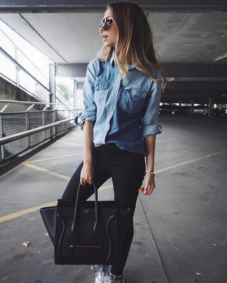 Women's Black Leather Tote Bag, Silver Leather Low Top Sneakers, Black Skinny Jeans, Blue Denim Shirt