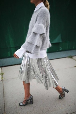 Women's Silver Sequin Pumps, Silver Pleated Midi Skirt, White Dress Shirt, Grey Crew-neck Sweater
