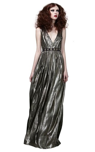 Pleated Lame A Line Gown