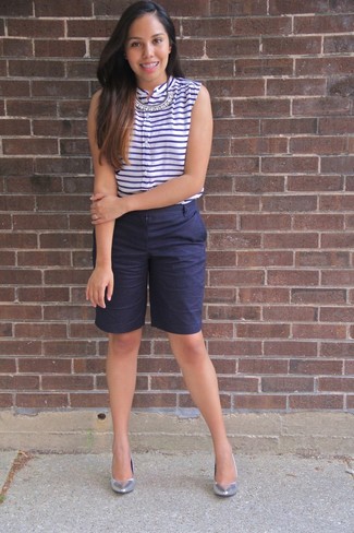 Women's Clear Necklace, Silver Leather Pumps, Navy Bermuda Shorts, White and Navy Horizontal Striped Sleeveless Top