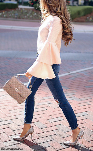 Women's Beige Quilted Leather Satchel Bag, Silver Sequin Pumps, Navy Ripped Skinny Jeans, Pink Ruffle Long Sleeve Blouse