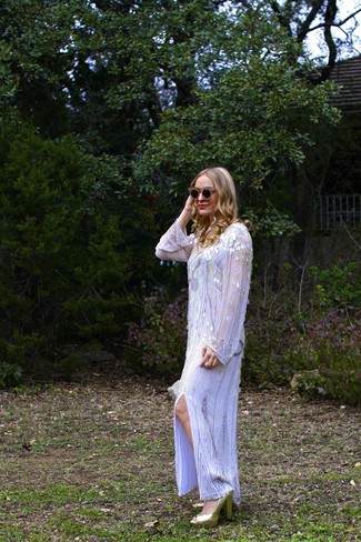 Women's Silver Sequin Maxi Dress, Gold Sequin Heeled Sandals, Black and Gold Embellished Sunglasses