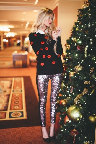 Red and Black Print Crew-neck Sweater Outfits For Women: 