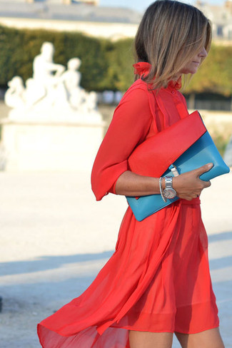 Women's Silver Watch, Aquamarine Leather Clutch, Red Chiffon Casual Dress