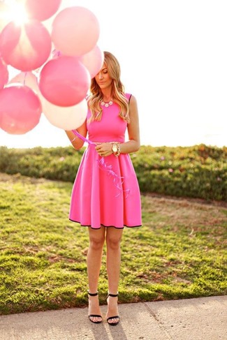 Hot Pink Skater Dress Outfits: Wear a hot pink skater dress for a laid-back outfit with a modern twist. Black leather heeled sandals will infuse an air of polish into an otherwise mostly dressed-down ensemble.