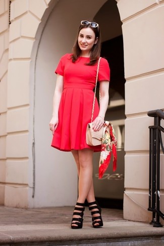 Women's Red Skater Dress, Black Leather Heeled Sandals, Pink Leather Crossbody Bag, Red Floral Silk Scarf