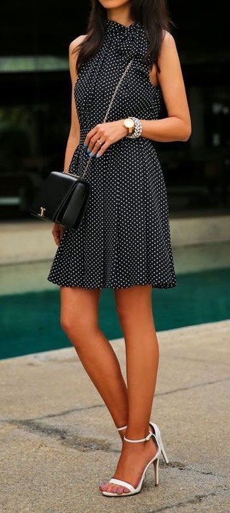 Black Polka Dot Skater Dress Outfits: Wear a black polka dot skater dress for a cool ensemble. Avoid looking too casual by finishing off with a pair of white leather heeled sandals.