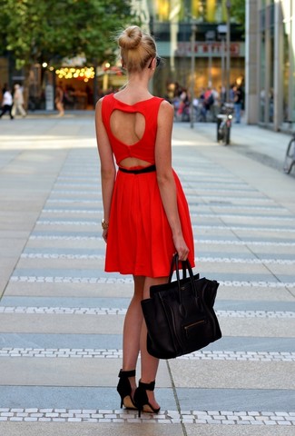 Red Cutout Skater Dress Outfits: For To assemble an off-duty getup with a modern spin, you can go for a red cutout skater dress. Our favorite of a myriad of ways to complement this look is with black suede heeled sandals.