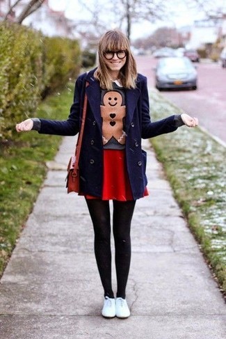 Women's White Leather Low Top Sneakers, Red Skater Skirt, Charcoal Print Crew-neck Sweater, Navy Pea Coat