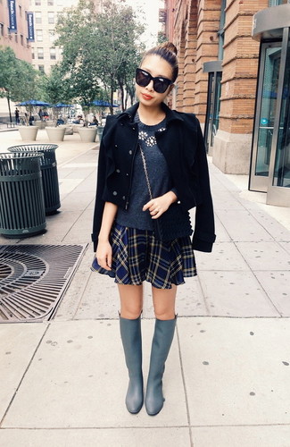 Women's Grey Leather Knee High Boots, Navy Plaid Skater Skirt, Charcoal Embellished Crew-neck Sweater, Black Pea Coat