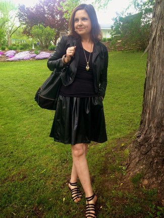 Black Leather Skater Skirt Relaxed Outfits: 
