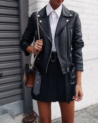 Women's Black Leather Crossbody Bag, Black Skater Skirt, White Dress Shirt, Black Leather Biker Jacket