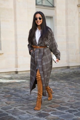 Women's Tobacco Suede Over The Knee Boots, Grey Skater Skirt, White Dress Shirt, Brown Check Coat