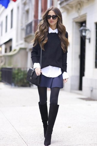 Black Crew-neck Sweater with Dress Shirt Outfits For Women: 