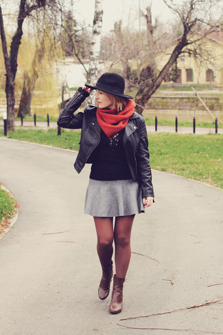 Women's Brown Leather Ankle Boots, Grey Skater Skirt, Black Long Sleeve Blouse, Black Leather Biker Jacket