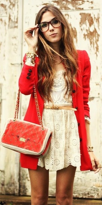 Women's Red Quilted Leather Crossbody Bag, Beige Lace Skater Skirt, Beige Lace Long Sleeve T-shirt, Red Coat
