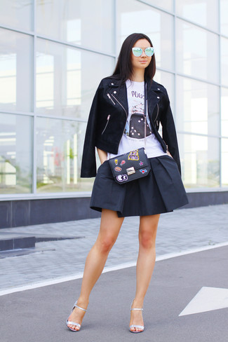 Women's Silver Leather Heeled Sandals, Black Skater Skirt, White Print Tank, Black Leather Biker Jacket