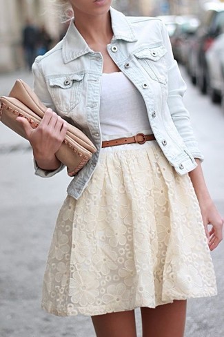 Women's Tan Leather Clutch, White Lace Skater Skirt, White Tank, Light Blue Denim Jacket
