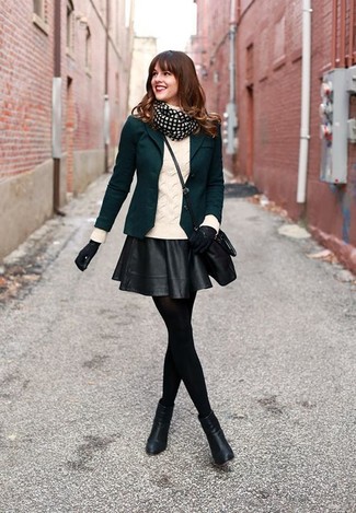 Women's Black Leather Ankle Boots, Black Leather Skater Skirt, White Knit Turtleneck, Dark Green Blazer