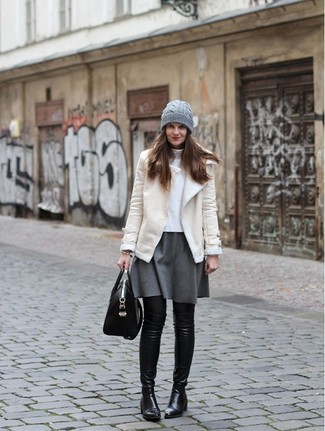 Women's Black Leather Over The Knee Boots, Grey Skater Skirt, White Turtleneck, Beige Shearling Jacket