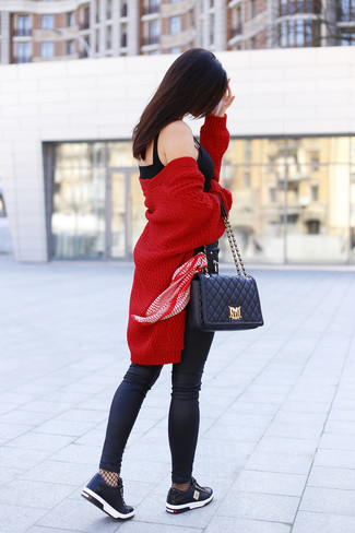 Red Knit Open Cardigan Outfits For Women: 
