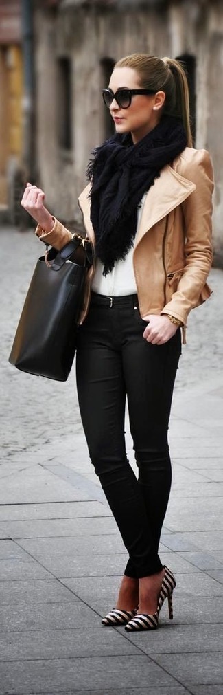 Tan Leather Biker Jacket Outfits For Women: 