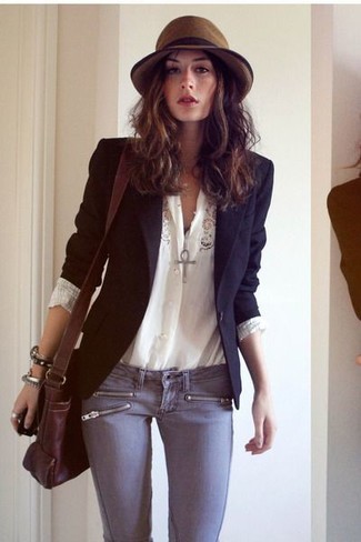 Women's Dark Brown Leather Crossbody Bag, Grey Skinny Jeans, White Lace Button Down Blouse, Navy Blazer