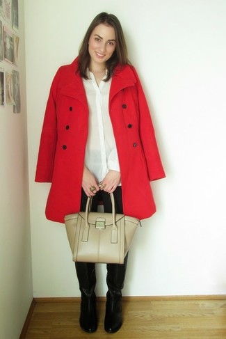Women's Black Leather Knee High Boots, Black Skinny Jeans, White Button Down Blouse, Red Coat