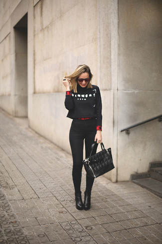 Women's Black Leather Ankle Boots, Black Skinny Jeans, Red Plaid Button Down Blouse, Black and White Print Cropped Sweater